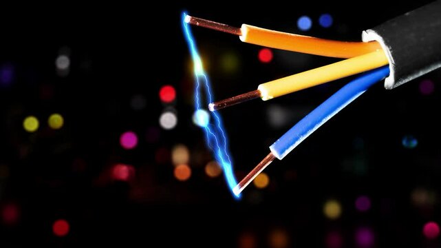 close-up of three-wire power cable with blue lightning isolated on dark blurred background, motion design concept for ideas, electricity and power generation 