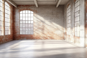 Sunlit industrial loft space large windows brick walls concrete floor