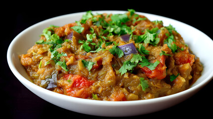 Fototapeta premium Delicious Baingan Bharta with Fresh Herbs, Mashed Roasted Eggplant, Tomatoes, and Spices in a Bowl