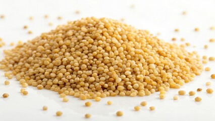 Millet grains in a vibrant display on a white background showcasing their texture and color