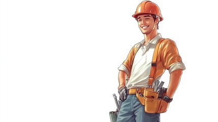 Smiling handyman in hard hat with tools.