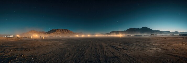 Ground level wide angle view of dusty desert road disappearing into mist with silhouetted mountains