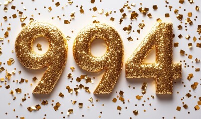Glittery Gold Numbers on White Background with Confetti Pieces