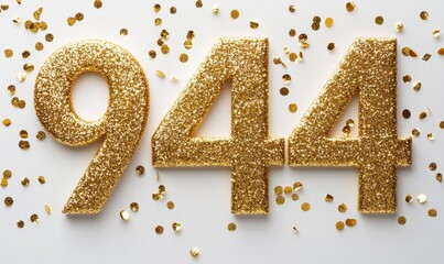 Gold Glitter Numbers 944 with Confetti on White Background