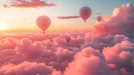 Fototapeta premium Aerial View of Hot Air Balloons Soaring Above a Sea of Pink Clouds at Sunset