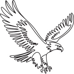 Black and white linear drawing of a flying eagle depicted in continuous line art style with spread wings isolated on a plain white background