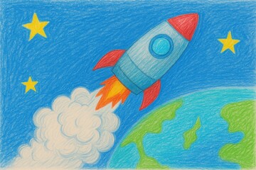 Naklejka premium Children's drawing of a rocket launching into space 