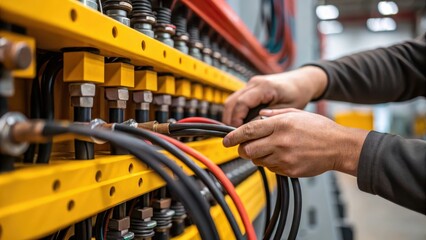 corporate team in warehouse teamwork industry Concept. Working hands connecting electrical wires in an industrial setting.