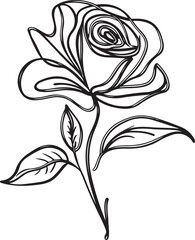 A black continuous line art drawing of a blooming rose flower isolated on a white background in minimalist vector sketch style representing beauty and nature