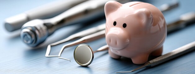 Dental instruments, a tooth model, and a piggy bank are arranged on a blue canvas, ideal for messaging about oral health practices