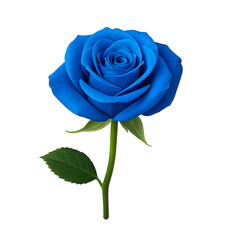 Fototapeta premium Blue Rose of Elegance: A solitary, perfectly bloomed blue rose, its velvety petals unfurling in exquisite detail, its verdant stem and leaves contrasting with the vibrant hue.