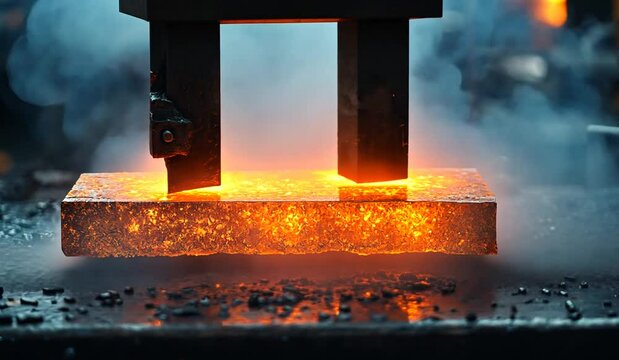 A molten metal block being shaped by heavy machinery in a dimly lit industrial workshop