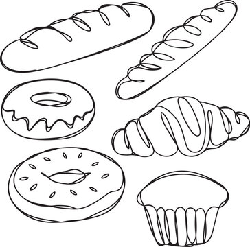 Naklejki A clean black line art illustration of different bakery products like a croissant donut muffin bread and bagel drawn in continuous line style on white background