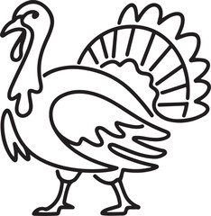 A black minimalist line art illustration of a turkey bird walking proudly in a continuous sketch style isolated on a plain white background for a simple vector design