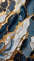Luxurious blue and gold swirling pattern with white marble accents. Elegant, abstract texture with a rich and sophisticated feel.