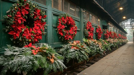 Naklejka premium Festive Christmas Wreaths Adorn Historic Train Station