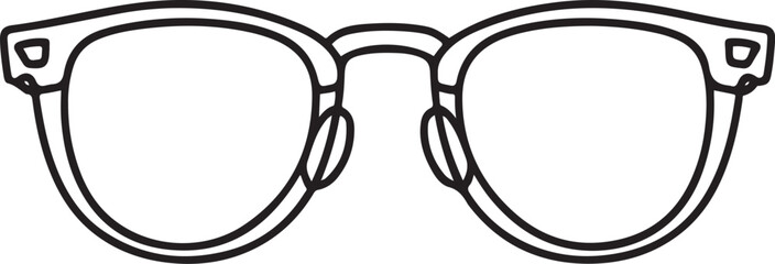 A clean continuous line art sketch of eyeglasses viewed from the front drawn in minimalist black linear style and placed on a plain white background vector style