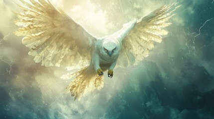 Majestic white eagle soars through a radiant sky.