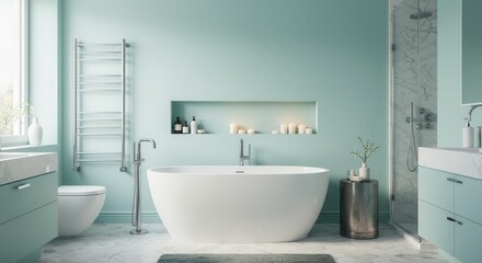 Fototapeta premium Bright Bathroom Interior with Bathtub and Modern Design