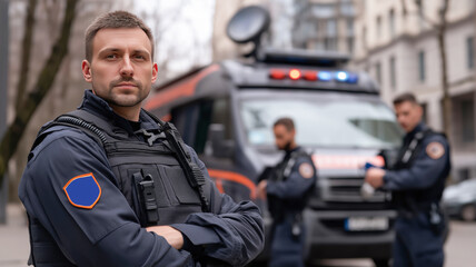 Officers in tactical gear maintain a visible presence in a city area, focusing on security and regulation enforcement. Their vehicle stands ready for any situation requiring assistance.