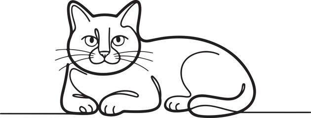 A relaxed cat illustration in black continuous line style showing the feline lounging with a calm and lazy expression rendered in minimal vector art on white