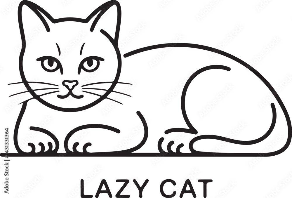 Sticker a serene black line art drawing of a relaxed cat laying down with a content gaze created in continuo