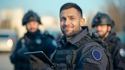 Fototapeta premium A group of security officers is visible in an urban setting. One officer is using a device to monitor activities, showcasing their commitment to law enforcement and public safety.