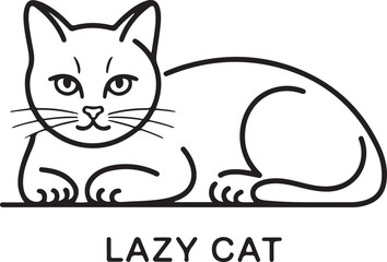 A serene black line art drawing of a relaxed cat laying down with a content gaze created in continuous line illustration style against a plain white backdrop