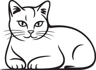 A calm and relaxed cat depicted in a continuous line art style lying peacefully and staring softly in minimalist black vector illustration on white background