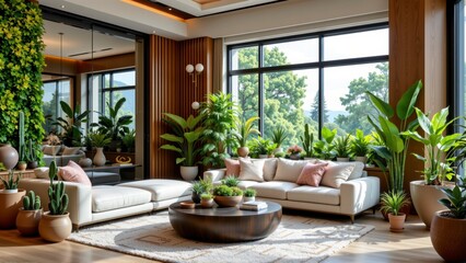 Obraz premium Modern Living Room with Natural Light, Indoor Plants, and Cozy Furniture in Elegant Design
