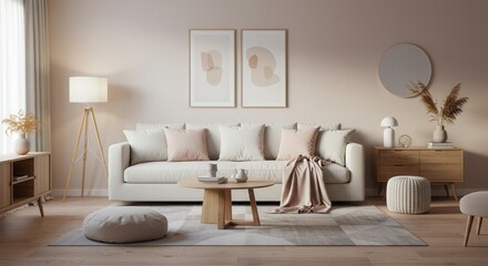 Living Room Interior Design with Sofa, Rug, and Artwork