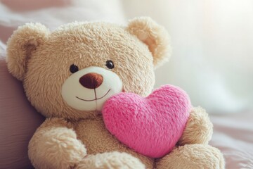 Obraz premium Cute teddy bear with pink heart plush on bed