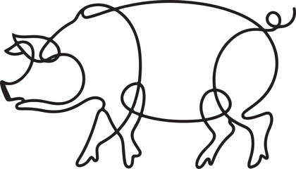 A minimalist continuous line drawing of a pig created in abstract style with black lines to form a silhouette isolated on a white background as a simple vector design