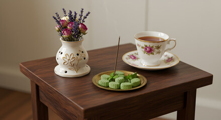Still life of tea cup, aroma diffuser, flowers, and green sweets on a wooden table top