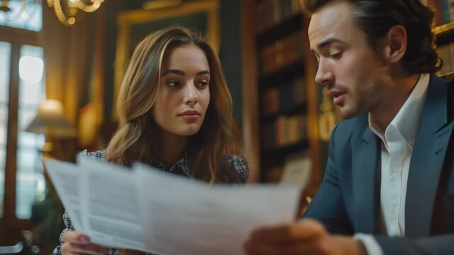 Lawyers discussing case documents in a modern office setting with legal materials at hand