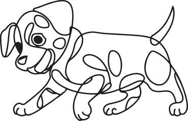 A playful puppy in continuous black line art style jumping or running illustrated in minimalist fashion and isolated on a white background to convey joy and motion