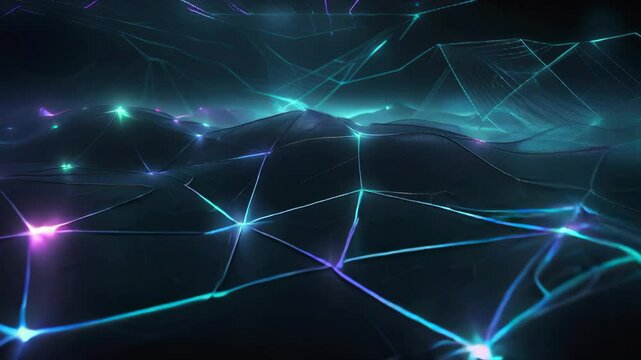 Digital illustration of a glowing neural network showcasing interconnected lines and nodes. Abstract representation of data flow and connectivity in a digital space, using vibrant colors.