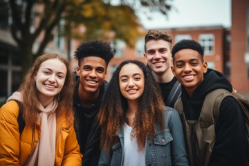 Smiling portrait of a diverse group of students on a college campus