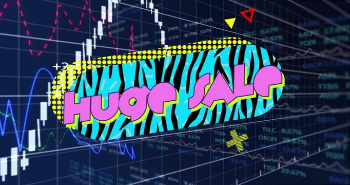 Pop-art huge sale graphic floating over financial data grid, featuring zebra oval, charts, shapes - Powered by Adobe