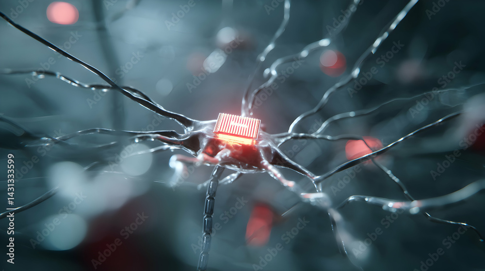 Poster futuristic neural network interface showcasing advanced microchip integration for cognitive enhancem