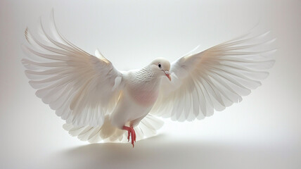 Fototapeta premium A pristine white dove in flight, wings outstretched, against a soft, light background.