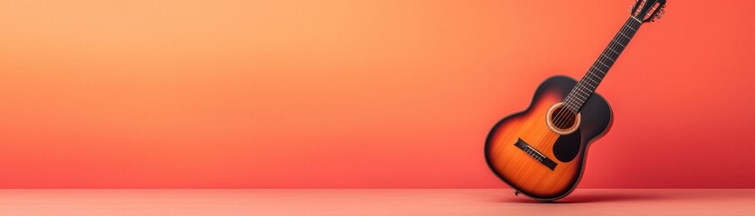 Obraz premium A beautifully crafted acoustic guitar resting against a vibrant orange background, showcasing its rich colors and elegant design.