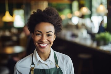 Fototapeta premium Smiling portrait of a young female African American waiter in a cafe