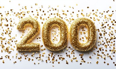 Golden Glittery Number 200 Surrounded by Shiny Confetti