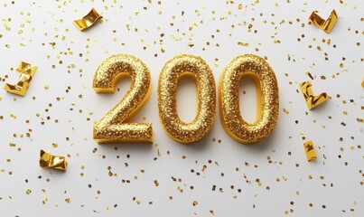 Golden Glittering Numbers with Confetti Celebrating Two Hundred