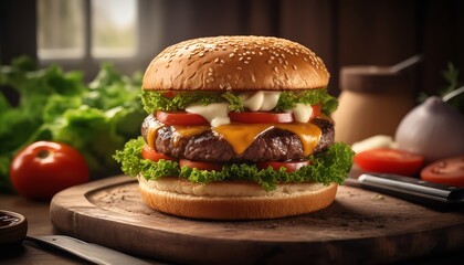American burger with cheese, meat, tomato and salad