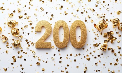 Gold Glitter Number Two Hundred with Festive Confetti Background
