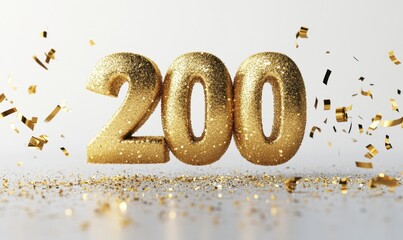 Golden Glittering Number 200 with Confetti on White Background