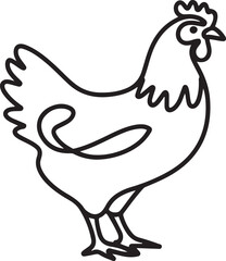 Continuous line art minimalist drawing of a hen standing in black lines on a plain white background depicting simplicity and elegance in clean linear vector design