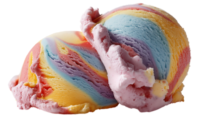 Two scoops of colorful rainbow ice cream with vibrant pink, blue, yellow, purple, and red swirls on transparent background.